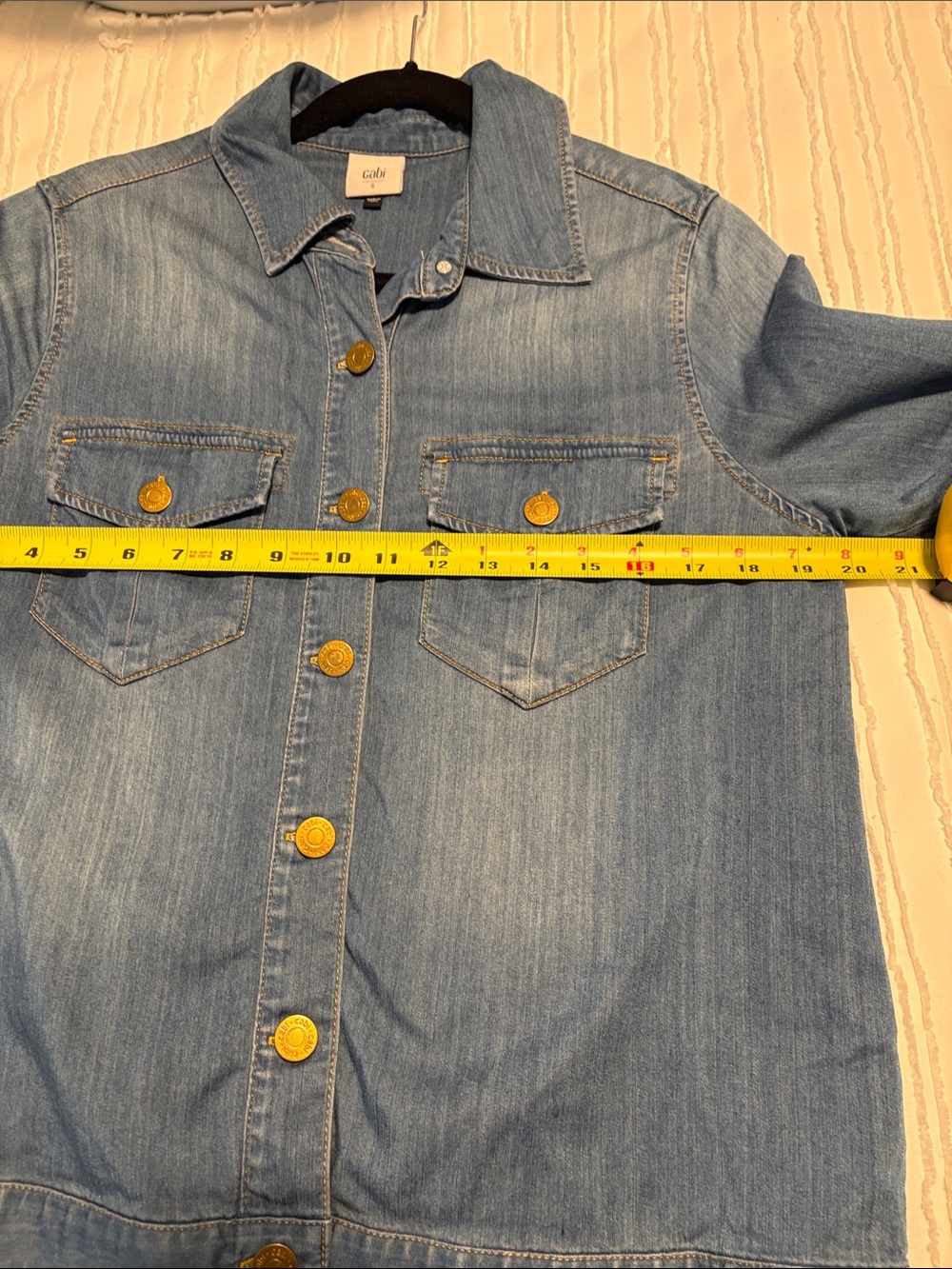 CAbi Keep Light Blue Denim Shirt Jacket with Gold Buttons - Picture 3 of 6